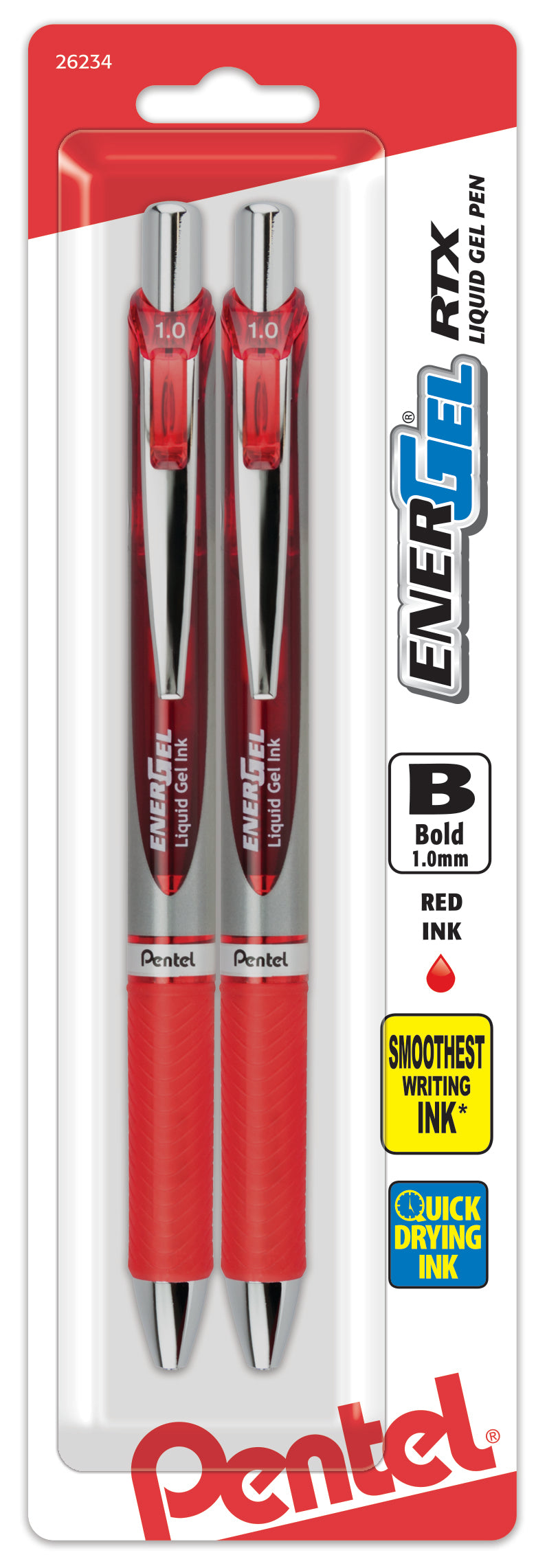 Pentel EnerGel RTX Retractable Liquid Gel Pen, (1.0mm) Metal Tip, Bold Line, Red Ink 2-Pk (BL80BP2B), 144 Each