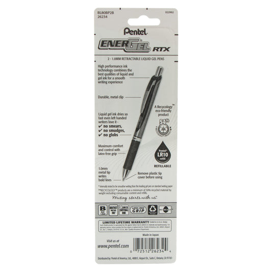 Pentel EnerGel RTX Retractable Liquid Gel Pen, (1.0mm) Metal Tip, Bold Line, Red Ink 2-Pk (BL80BP2B), 144 Each