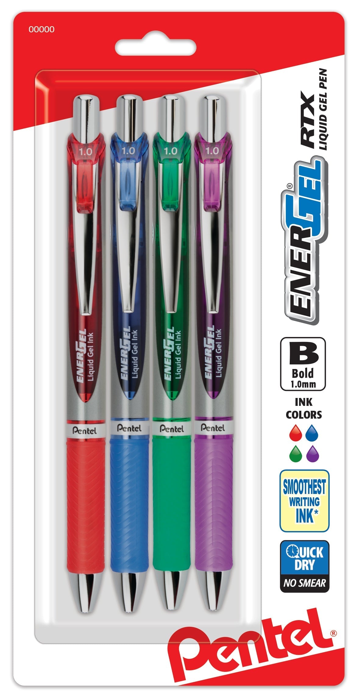 Pentel EnerGel RTX Retractable Liquid Gel Pen, (1.0mm) Metal Tip, Bold Line, Assorted Ink (B/C/D/V) 4-Pk (BL80BP4M1)