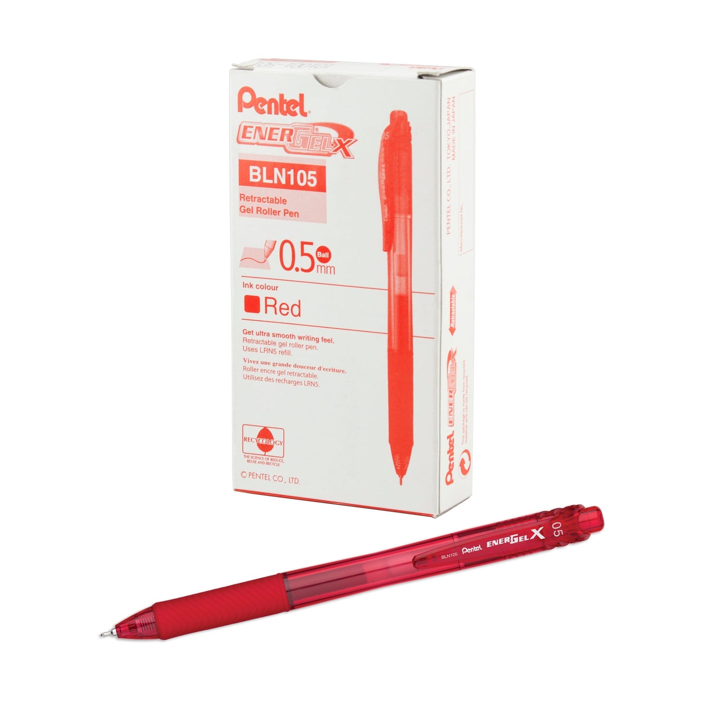 Pentel EnerGel-X Retractable Liquid Gel Pen, (0.5mm) Needle Tip, Fine Line, Red Ink (BLN105-B)