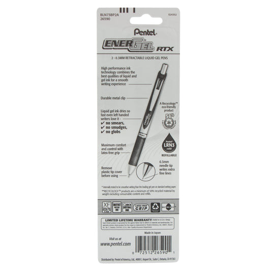 Pentel EnerGel RTX Retractable Liquid Gel Pen, (0.3mm) Needle Tip, Extra Fine Line, Black Ink, 2-Pk (BLN73BP2A)