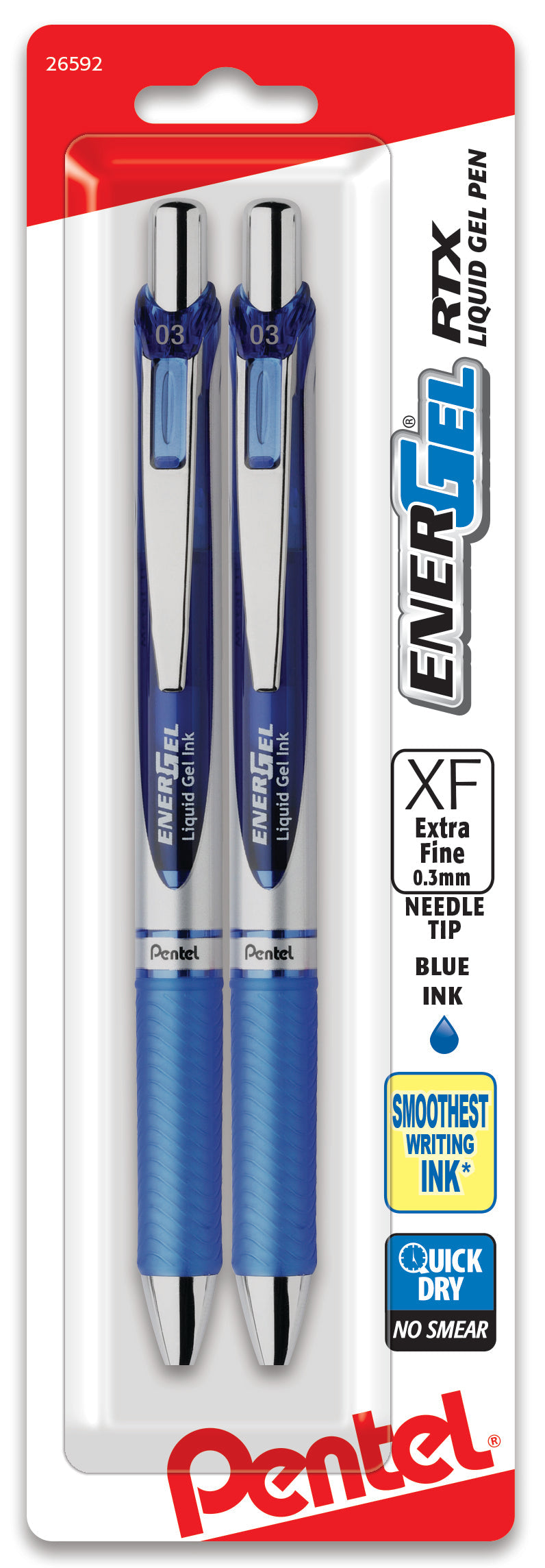Pentel EnerGel RTX Retractable Liquid Gel Pen, (0.3mm) Needle Tip, Extra Fine Line, Blue Ink, 2-Pk (BLN73BP2C)