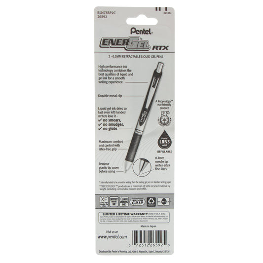 Pentel EnerGel RTX Retractable Liquid Gel Pen, (0.3mm) Needle Tip, Extra Fine Line, Blue Ink, 2-Pk (BLN73BP2C), 144 Each