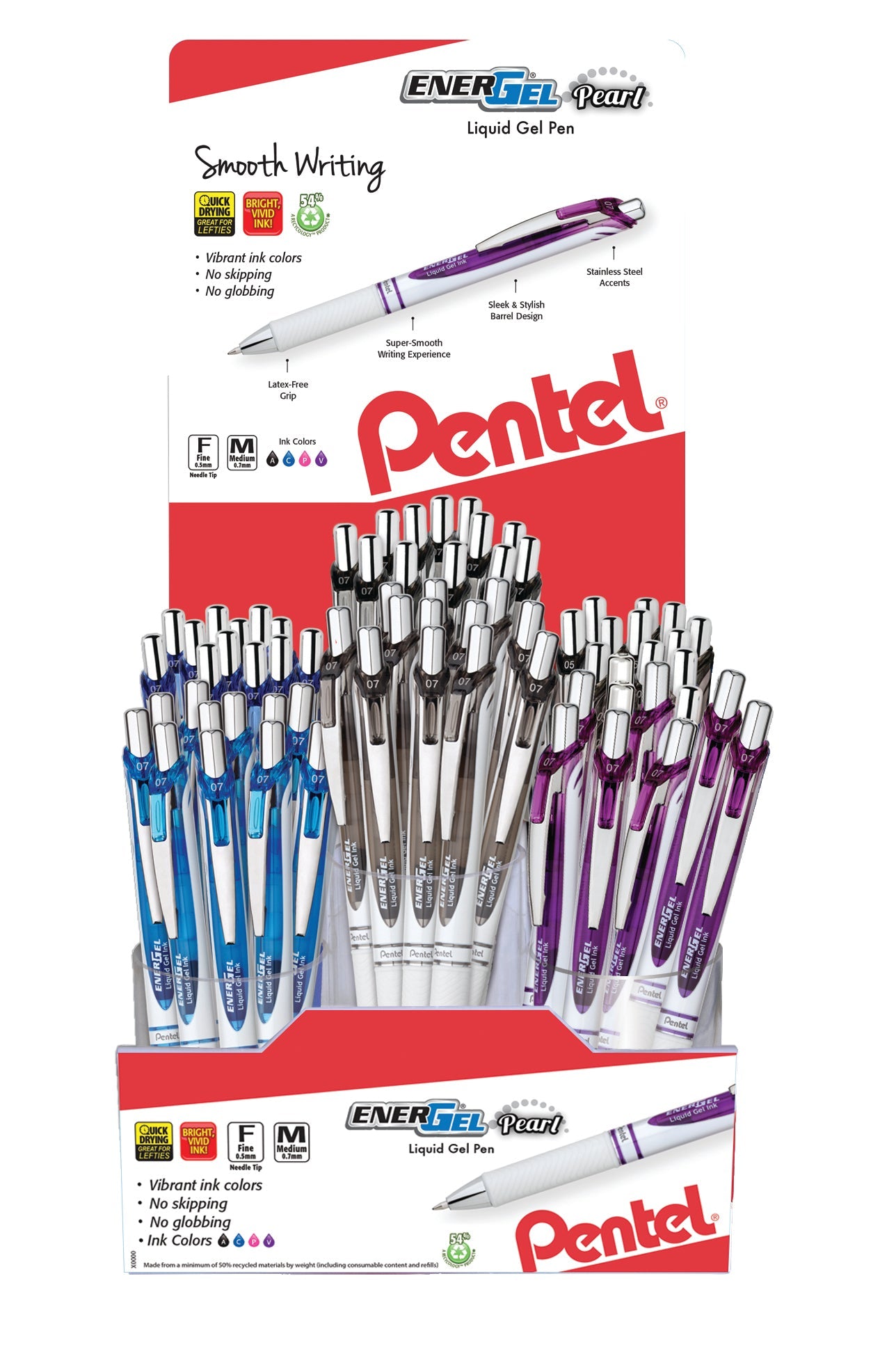 EnerGel Pearl Retractable Liquid Gel Pen, (0.5mm) Needle Tip & (0.7mm) Metal Tip, Fine/Med. Line, Assorted Ink, Open, Stock Display - 60 Pieces (BLN757W-6)