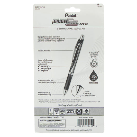 Pentel EnerGel RTX Retractable Liquid Gel Pen, (0.5mm) Needle Tip, Fine Line, Assorted Ink (A/B/C/D/V) 5-Pk (BLN75BP5M), 72 Each