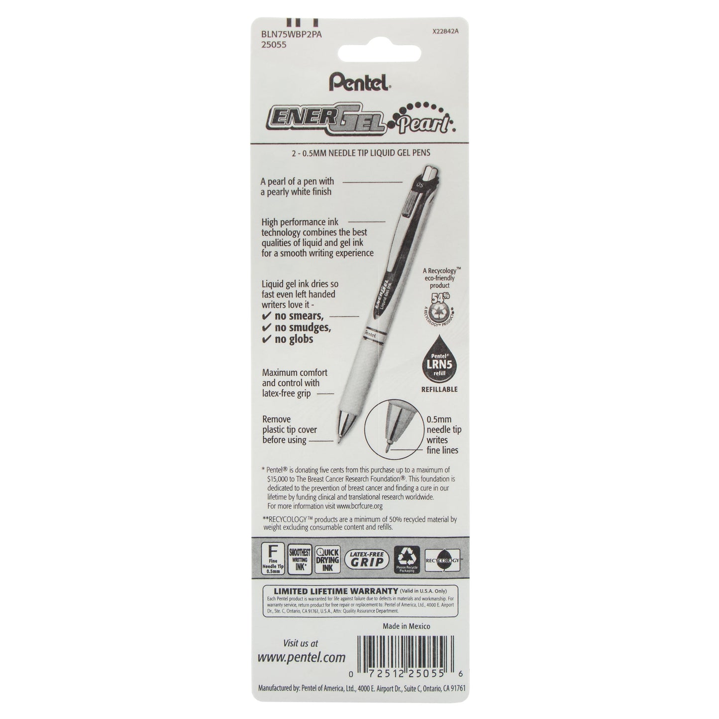 Pentel PINK BCA EnerGel Pearl Retractable (0.5mm) Needle Tip, Fine Line, Pink Accent, Black Ink 2-Pk (BLN75WBP2PA)