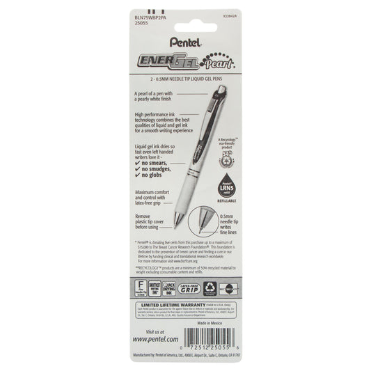 Pentel PINK BCA EnerGel Pearl Retractable (0.5mm) Needle Tip, Fine Line, Pink Accent, Black Ink 2-Pk (BLN75WBP2PA)