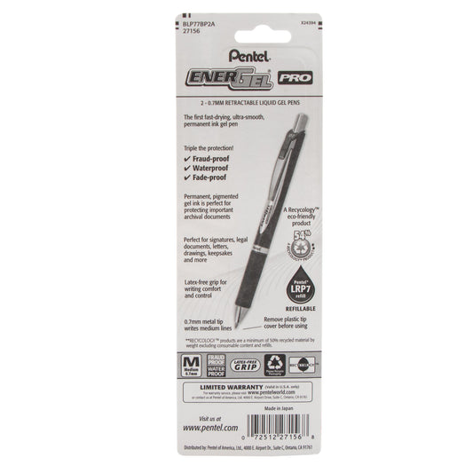 EnerGel PRO Permanent Gel Pen, (0.7mm) Medium Line, Black Ink, 2-Pk (BLP77BP2A)