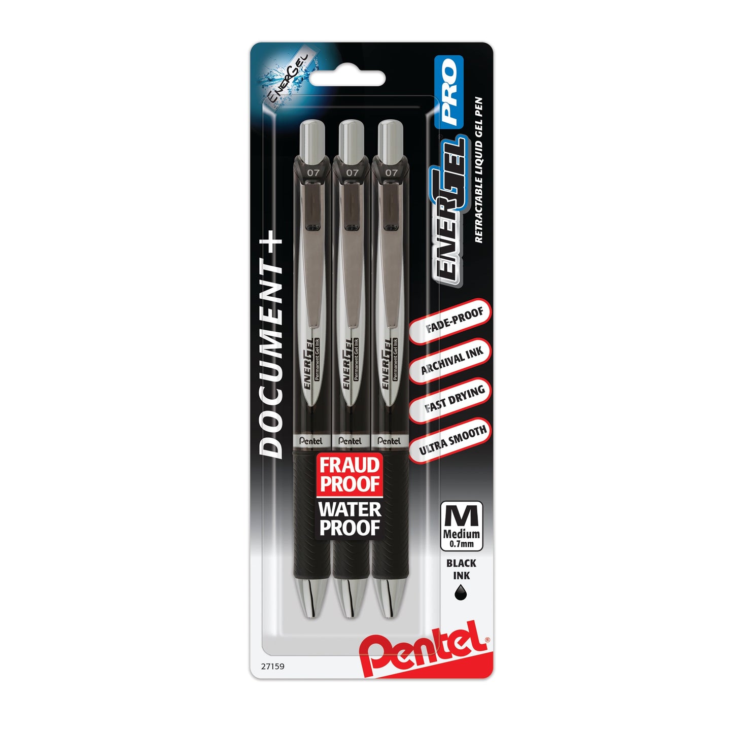 Pentel EnerGel PRO Permanent Gel Pen, (0.7mm) Medium Line, Black Ink, 3-Pk (BLP77BP3A), 144 Each