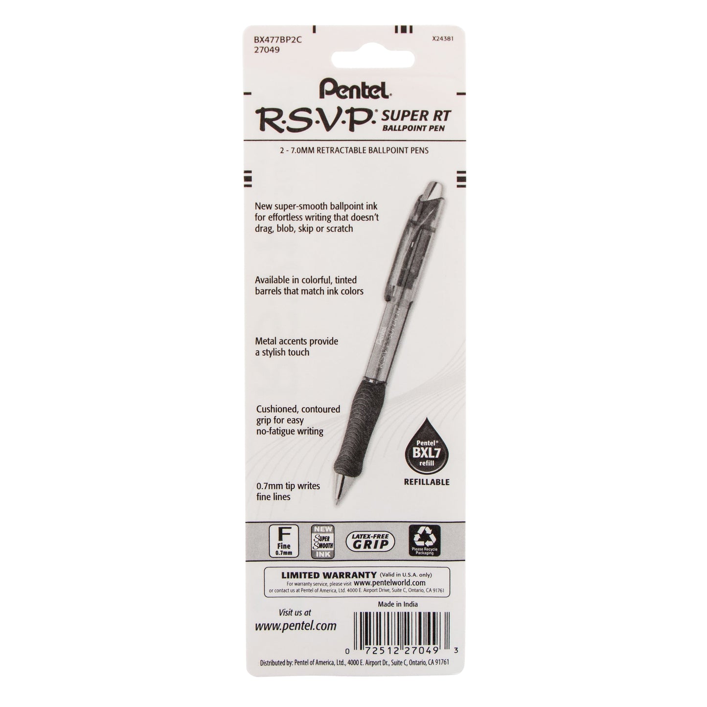 Pentel RSVP Super RT Ballpoint Pen, (0.7mm) Fine Line, Blue Ink, 2-Pk (BX477BP2C), 144 Each