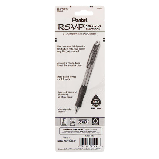 Pentel RSVP Super RT Ballpoint Pen, (0.7mm) Fine Line, Blue Ink, 2-Pk (BX477BP2C)