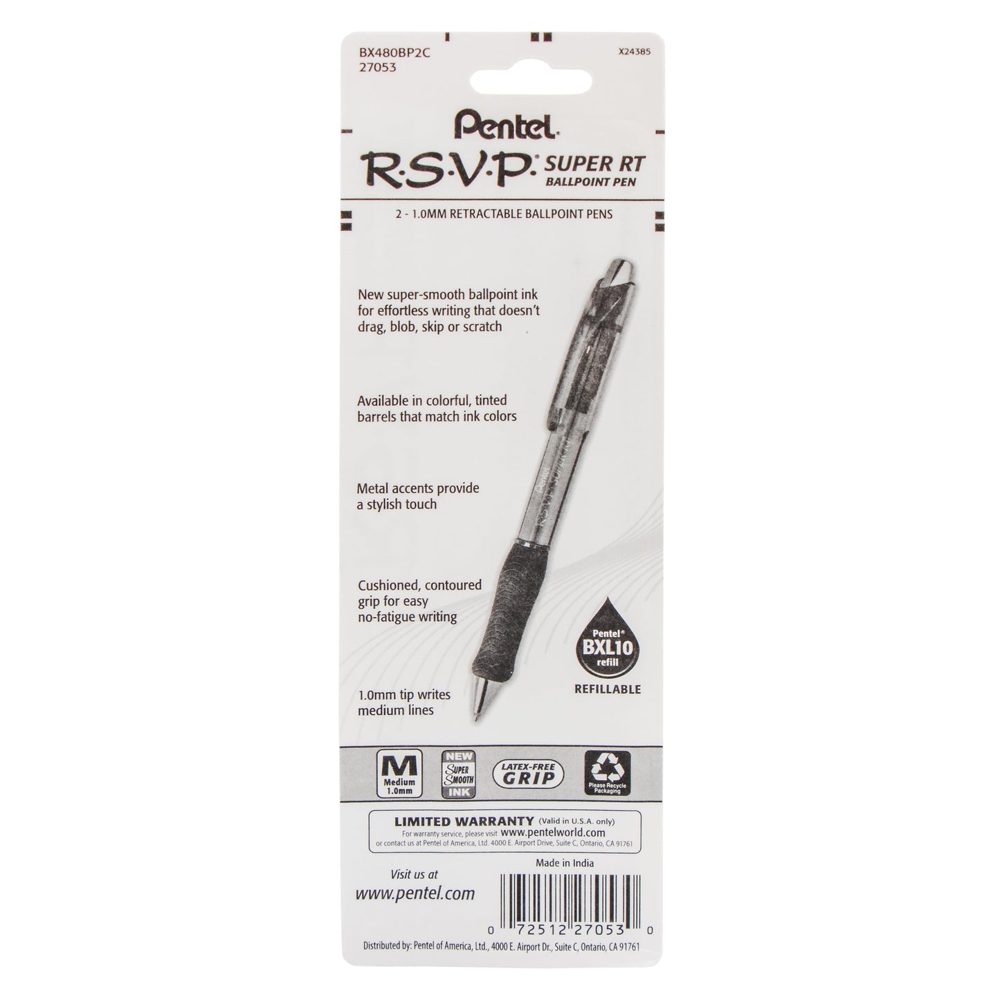 RSVP Super RT Ballpoint Pen, (1.0mm) Medium Line, Blue Ink, 2-Pk (BX480BP2C)