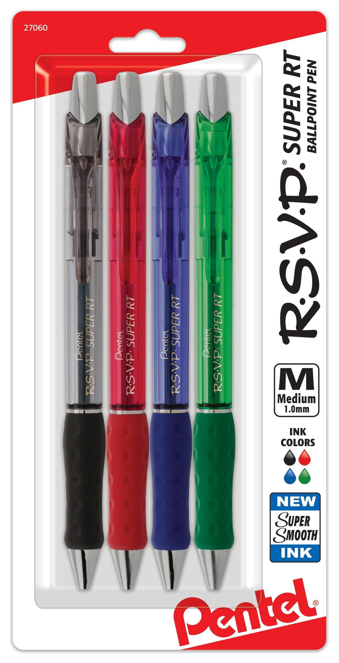 RSVP Super RT Ballpoint Pen, (1.0mm) Medium Line, Assorted Ink (ABCD), 4-Pk (BX480BP4M)