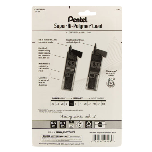 Pentel Super Hi-Polymer Lead Refill (0.5/0.7mm) Fine/Medium, HB, 30 pcs/Tube 6-Pk (C257BPHB6)