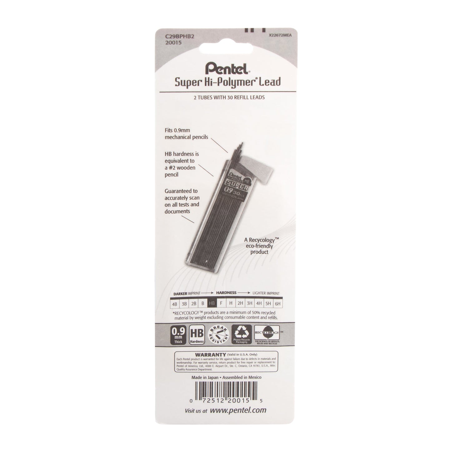 Pentel Super Hi-Polymer Lead Refill (0.9mm) Thick, HB, 30 pcs/Tube 2-Pk (C29BPHB2)