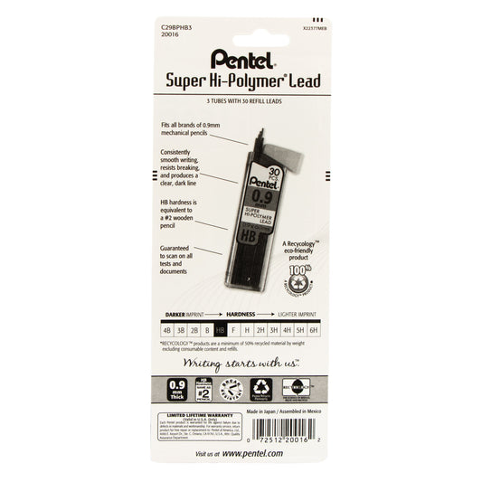 Super Hi-Polymer Lead Refill (0.9mm) Thick, HB, 30 pcs/Tube 3-Pk (C29BPHB3)