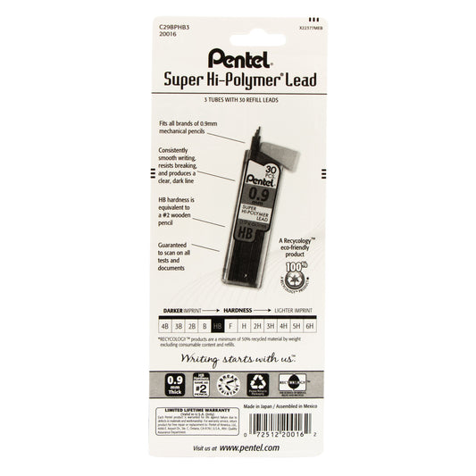 Pentel Super Hi-Polymer Lead Refill (0.9mm) Thick, HB, 30 pcs/Tube 3-Pk (C29BPHB3), 144 Each