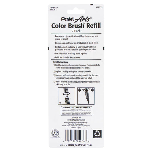 Pentel Arts Color Brush Pigment Refills, Black Ink, 2-Pk (FRPBP2A)
