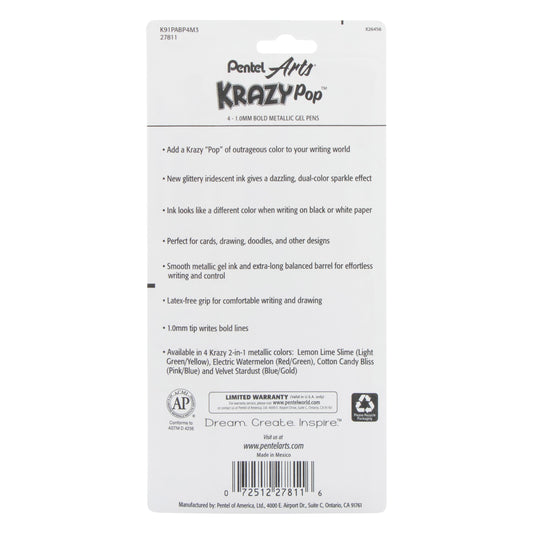 Pentel Arts Krazy Pop Iridescent Gel Pen, (1.0mm) Bold line, Assorted Ink (XC/BD/CP/DG), 4-pk (K91PABP4M3), 144 Each