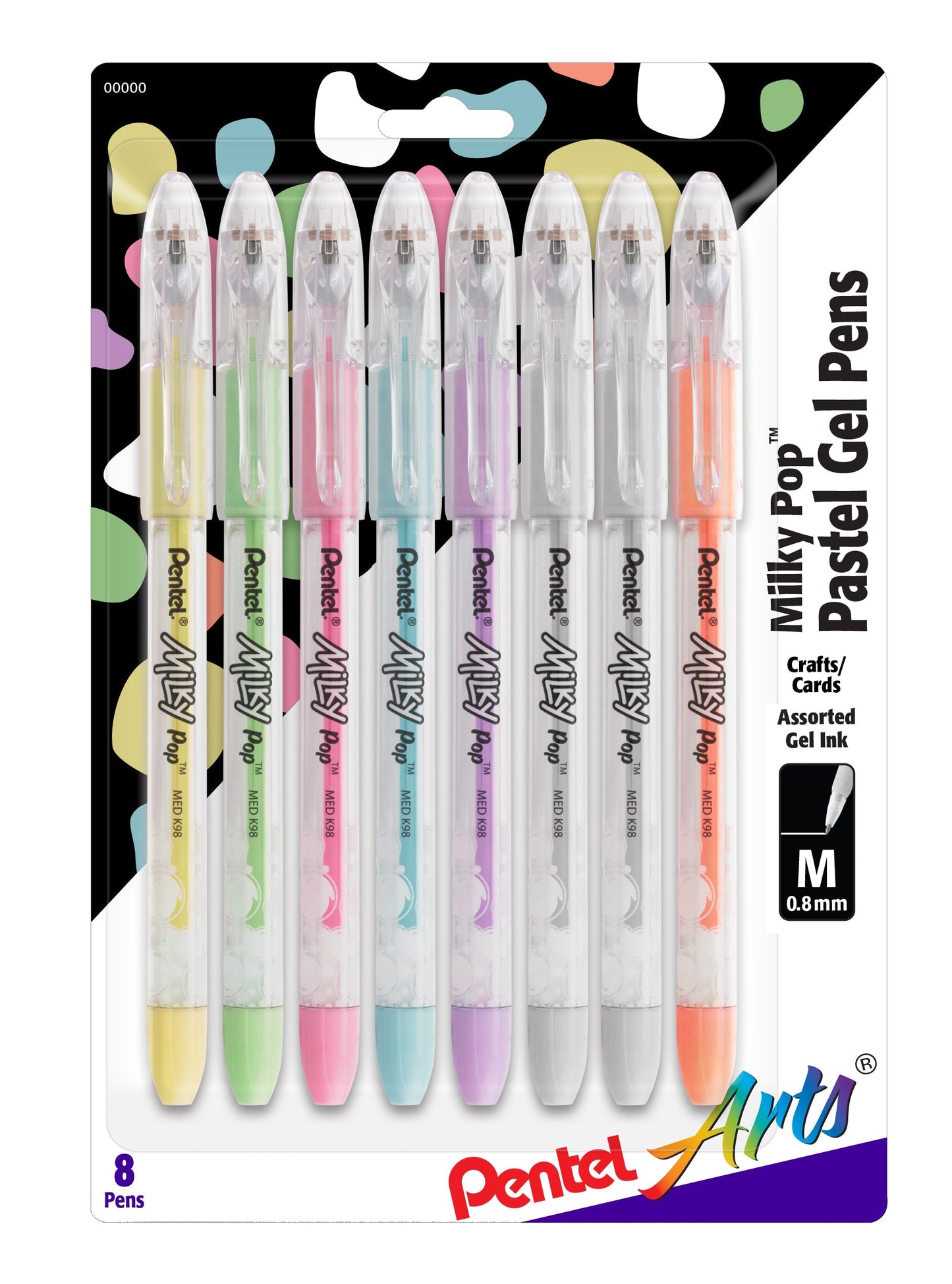 Pentel Arts Milky Pop Pastel Gel Pen, (0.8mm) Medium Line, Assorted Ink (F/G/K/P/S/V/2W), 8-Pk (K98PABP8M), 72 Each