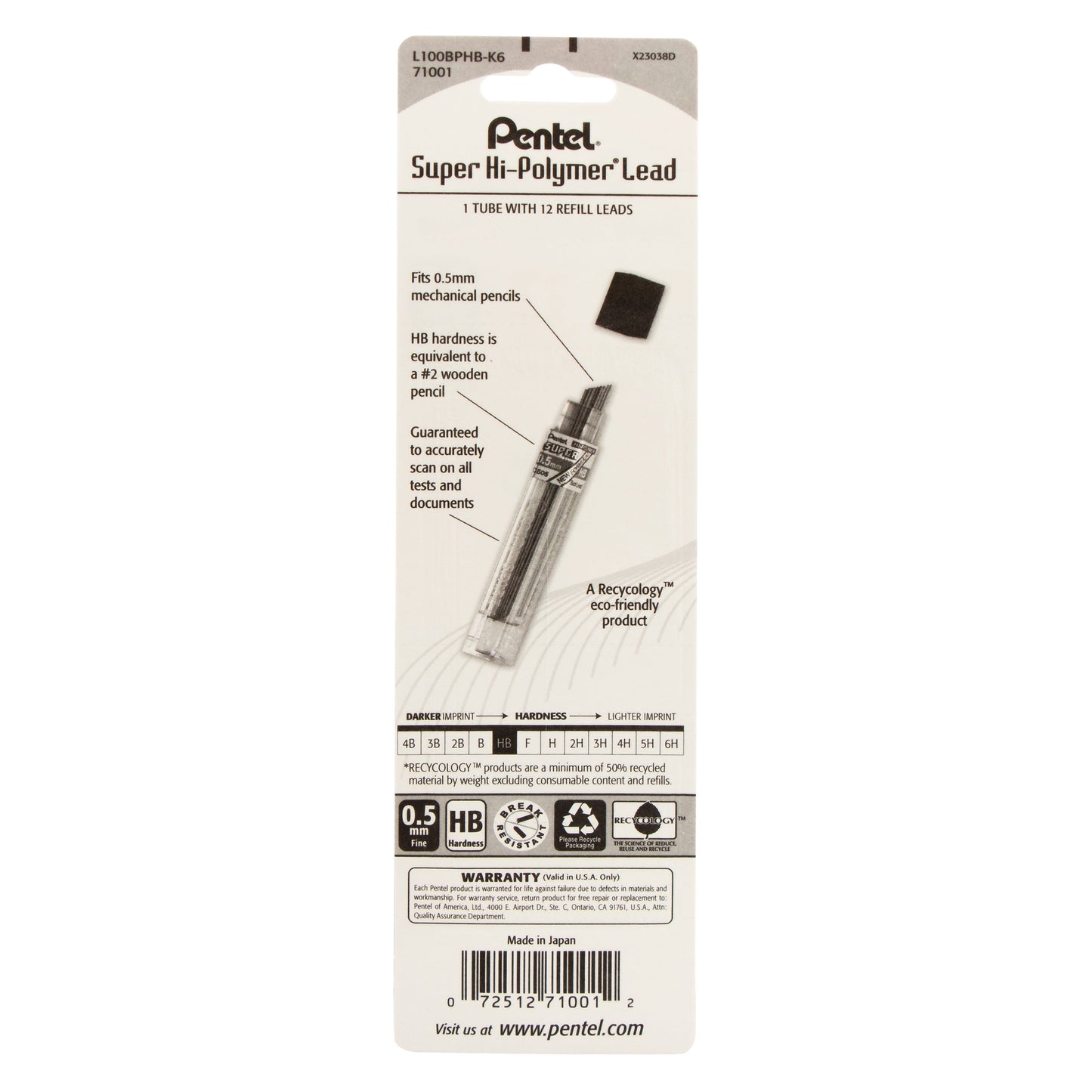 Pentel Super Hi-Polymer Lead Refill (0.5mm), HB 12 pcs/Tube 1-Pk (L100BPHB-K6), 144 Each