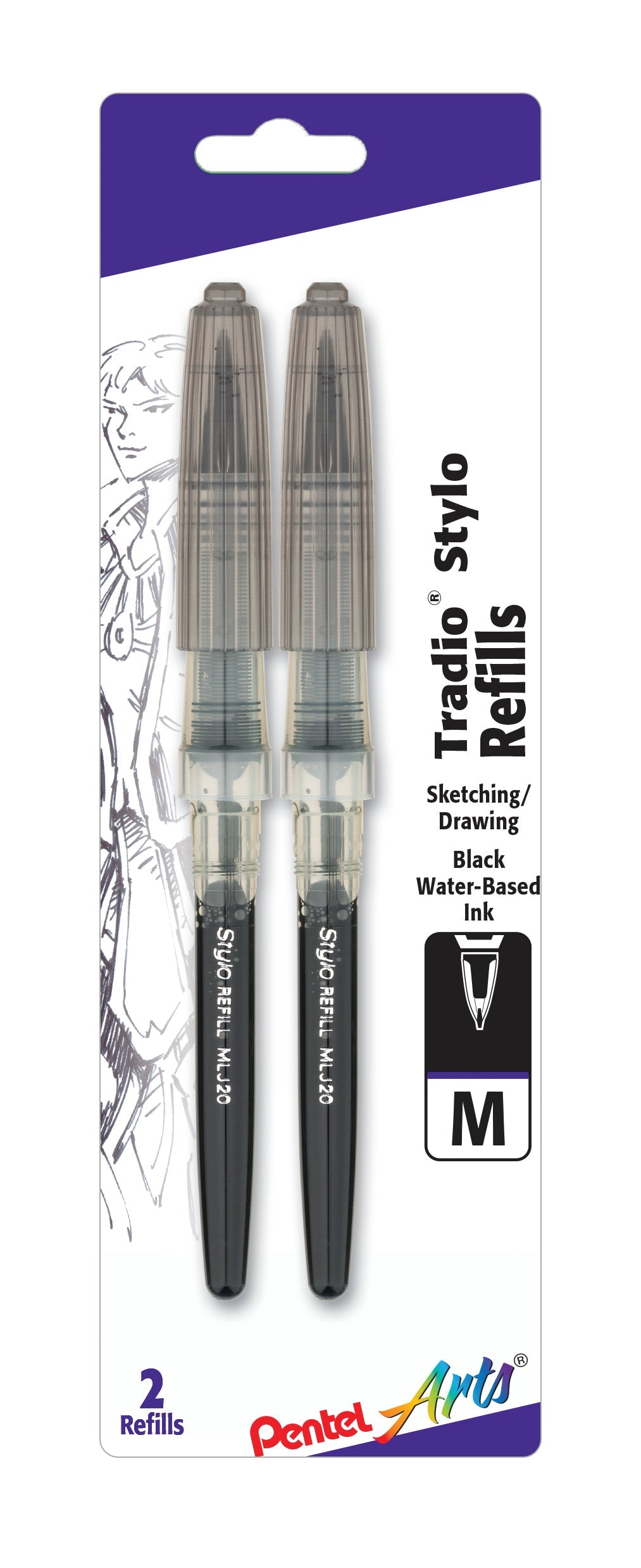 Pentel Arts Tradio Stylo Sketch Pen Refill, Black Ink, 2-Pk (MLJ20BP2A)