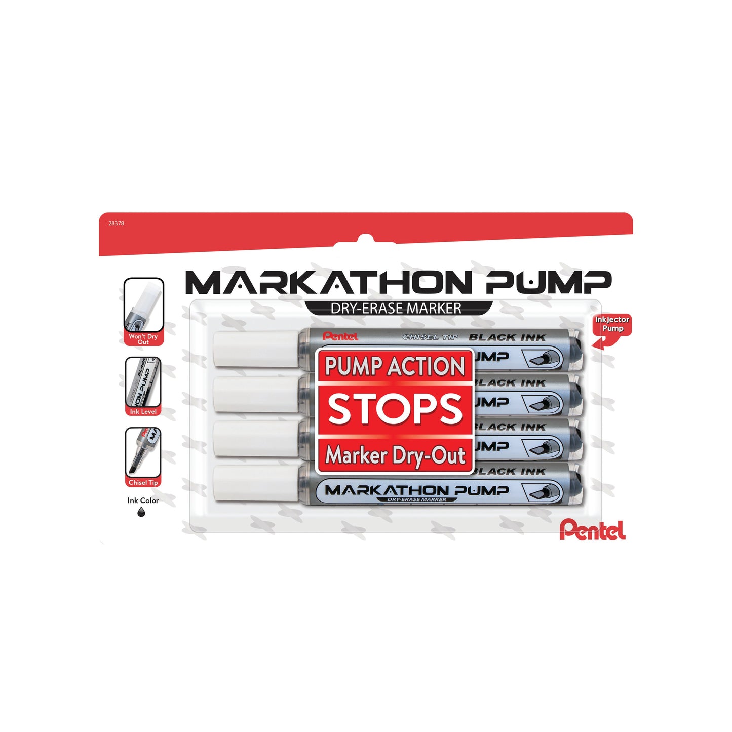 Markathon Pump Dry Erase Marker, Chisel Tip, Black Ink, 4-pk (MWL6SXBP4A)