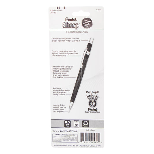 Pentel Sharp Mechanical Pencil, (0.5mm), Metallic Barrels, Assorted Colors (B/C/D), 3-Pk (P205MBP3M1), 144 Each