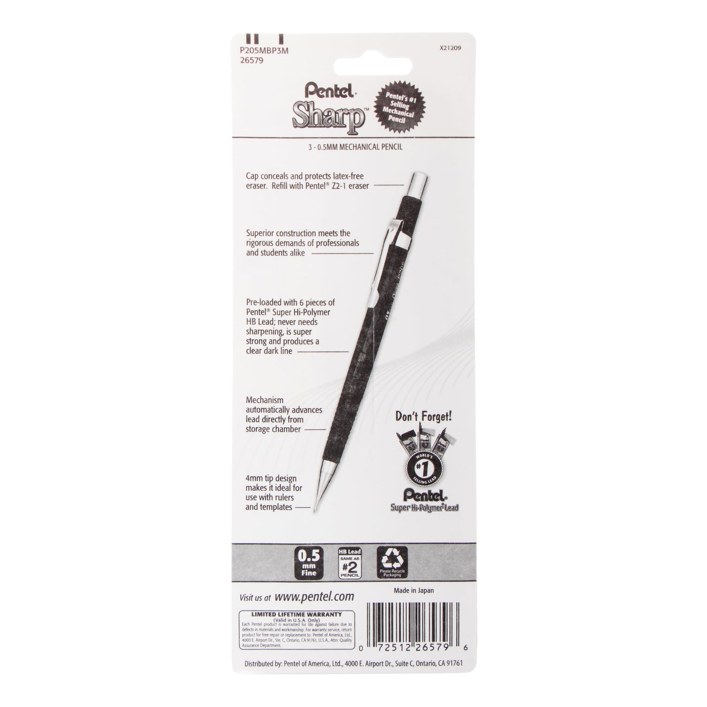 Sharp Mechanical Pencil, (0.5mm), Metallic Barrels, Assorted Colors Barrels (2N/1Z), 3-Pk (P205MBP3M)