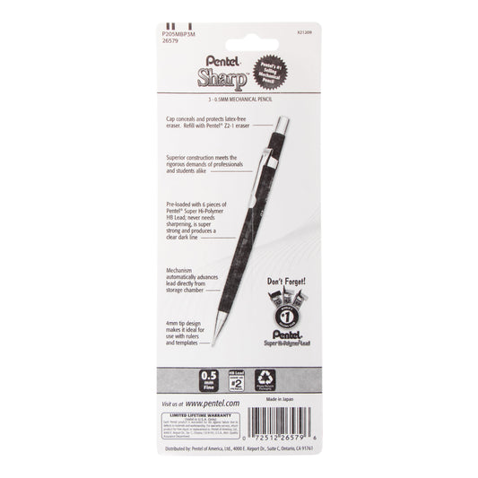Sharp Mechanical Pencil, (0.5mm), Metallic Barrels, Assorted Colors Barrels (2N/1Z), 3-Pk (P205MBP3M)