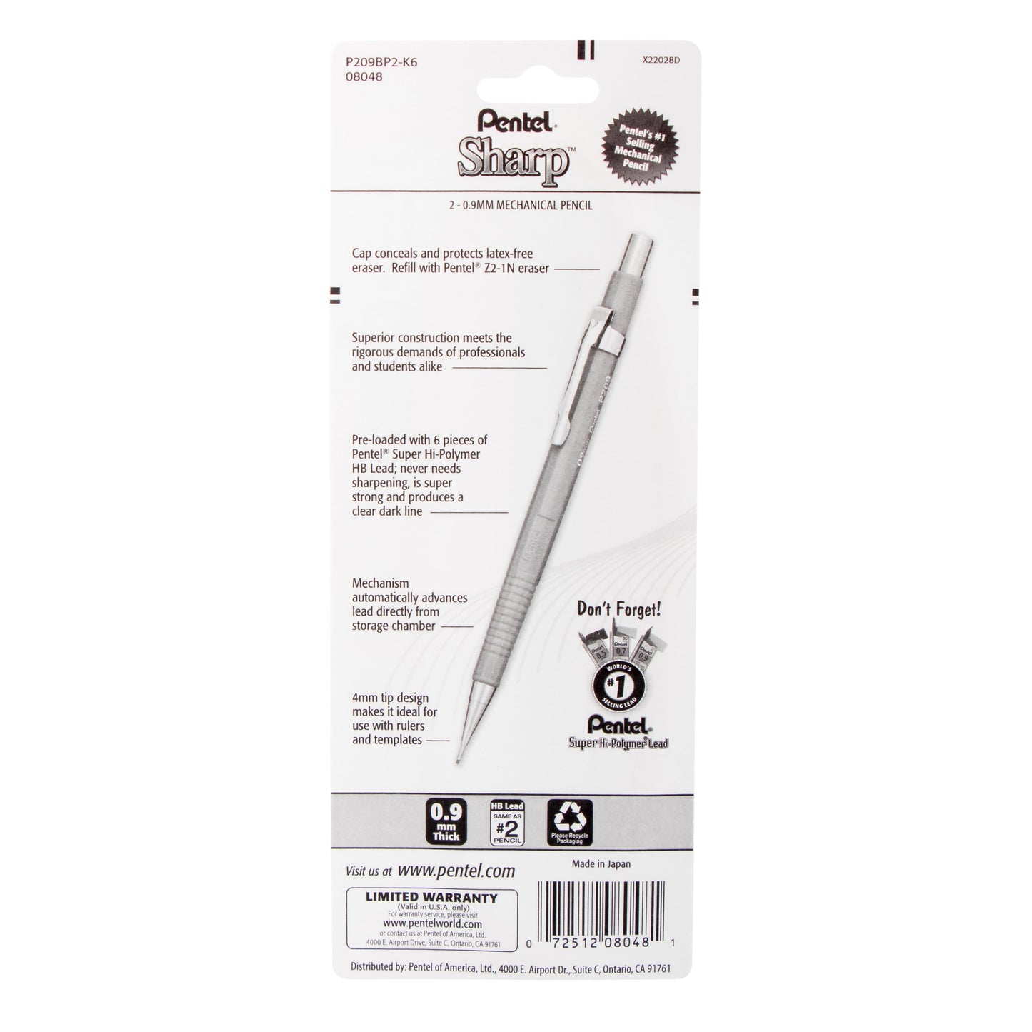 Pentel Sharp Mechanical Pencil (0.9mm) 2-Pk (P209BP2-K6), 144 Each