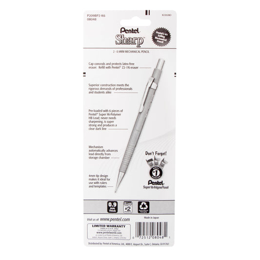 Pentel Sharp Mechanical Pencil (0.9mm) 2-Pk (P209BP2-K6), 144 Each