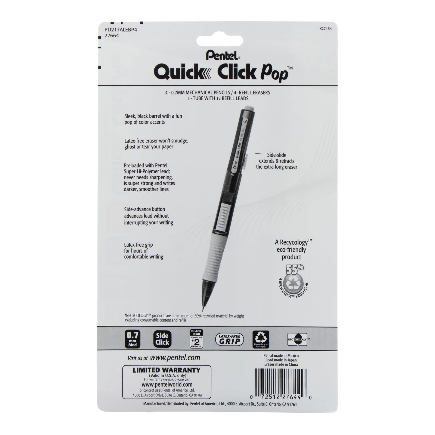 Pentel QUICK CLICK Pop Mechanical Pencil, (0.7mm) Medium 2B Lead, with 2B Lead and (4) Eraser Refills, 4-pk (PD217ALEBP4)