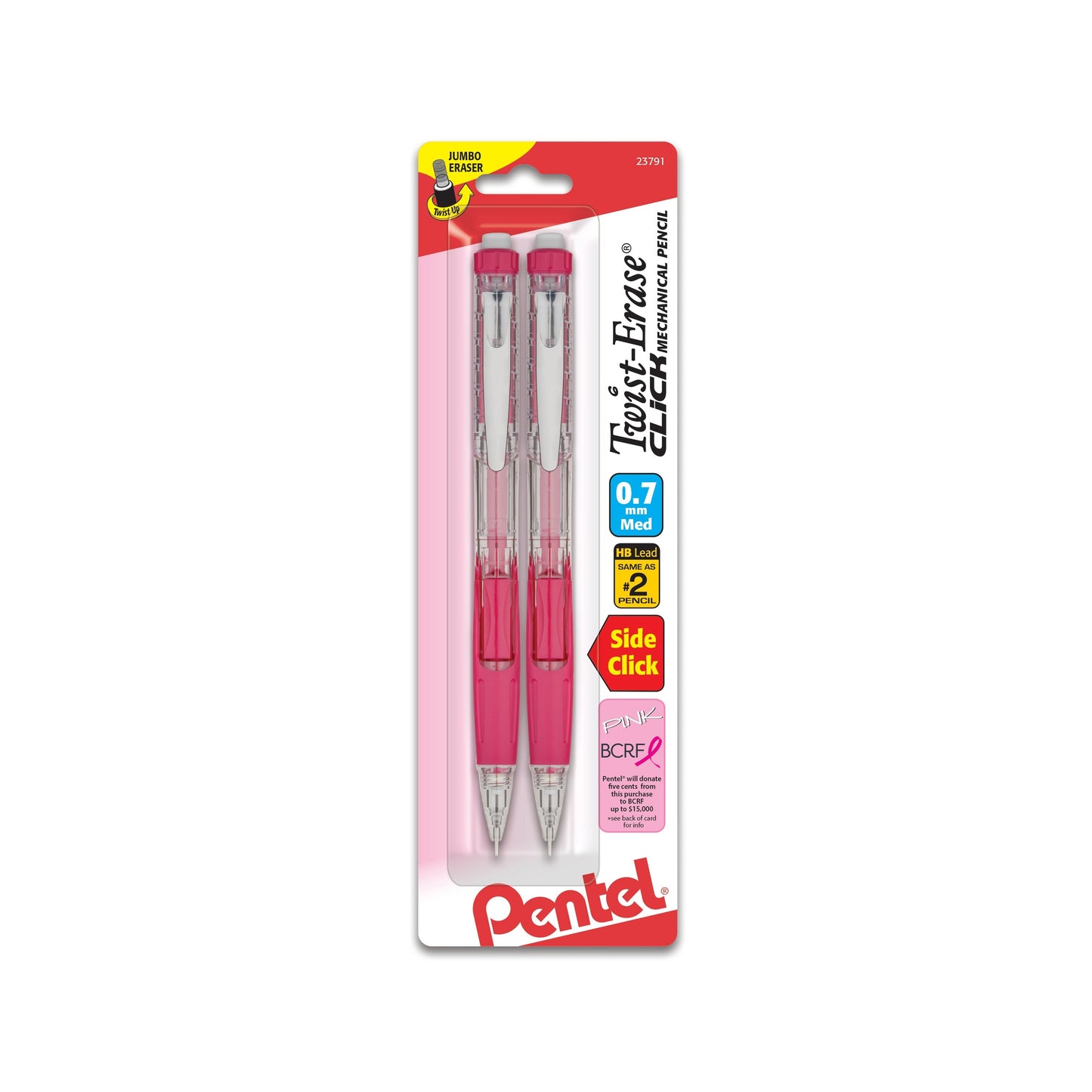 Pentel PINK BCA Twist-Erase Click Mechanical Pencil, (0.7mm) Clear Barrel, 2-Pk (PD277TBP2P-BC)