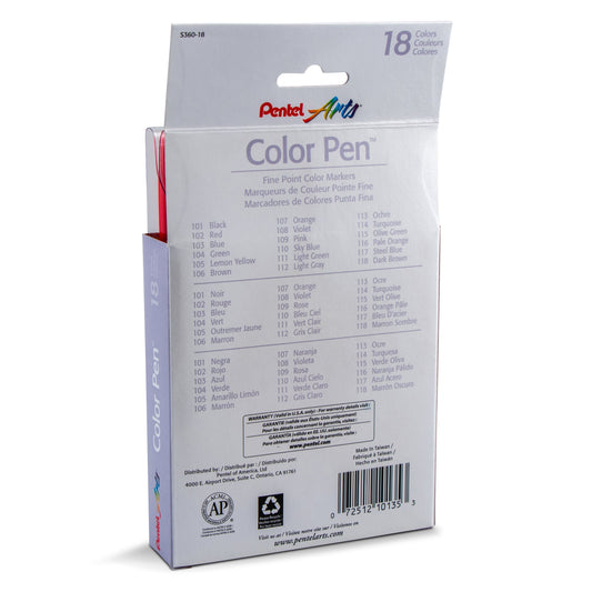 Pentel Arts Color Pen 18-Color Set (S360-18), 48 Each