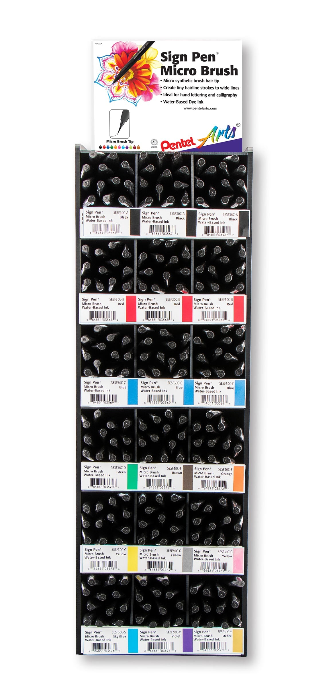 Pentel Arts Sign Pen Micro Brush Tower Display - 216 Pieces (SESF30C-216)