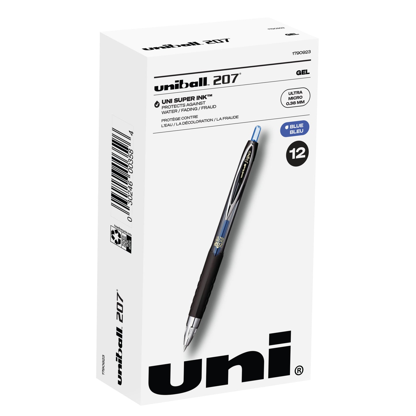 uniball™ 207 Retractable Gel Pens, Ultra Micro Point (0.38mm), Blue, 12 Pack