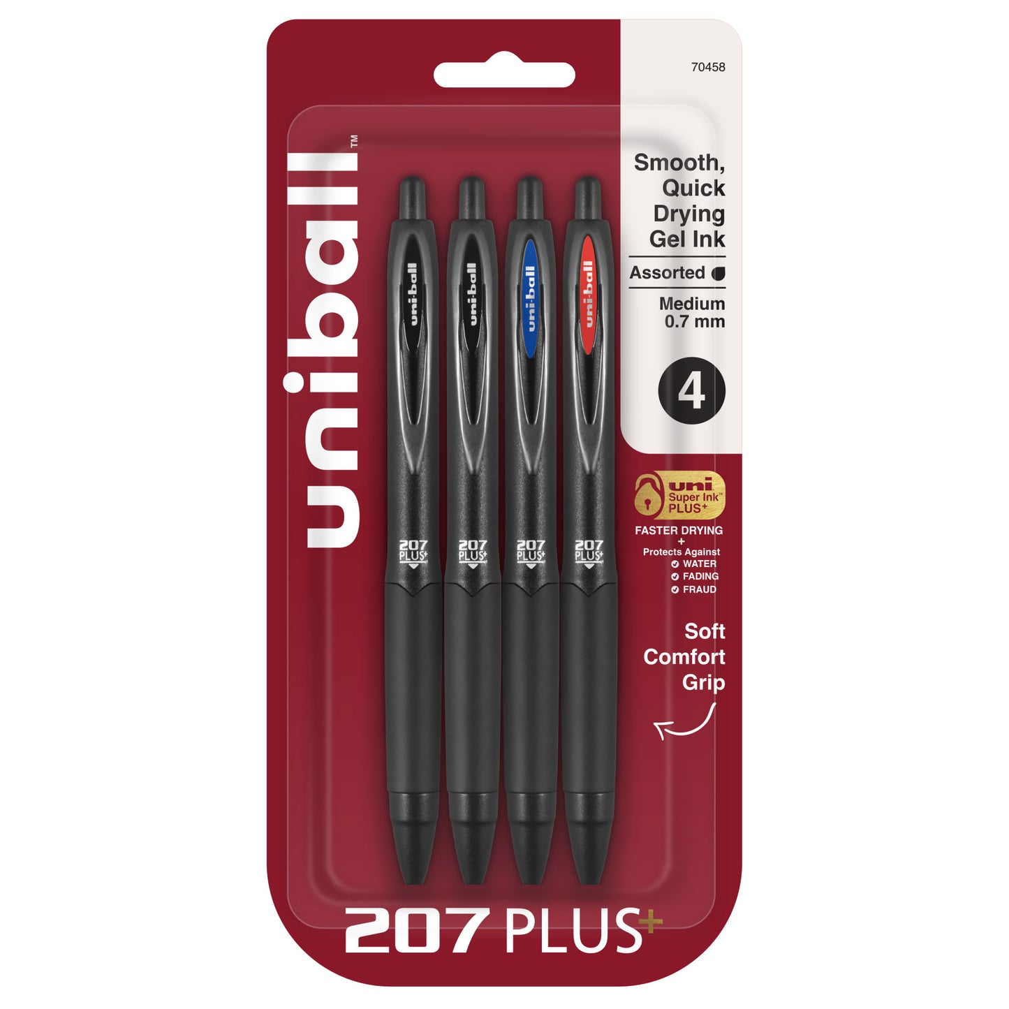 uniball™ 207 Plus+ Retractable Gel Pens, Medium Point (0.7mm), Assorted, 4 Pack