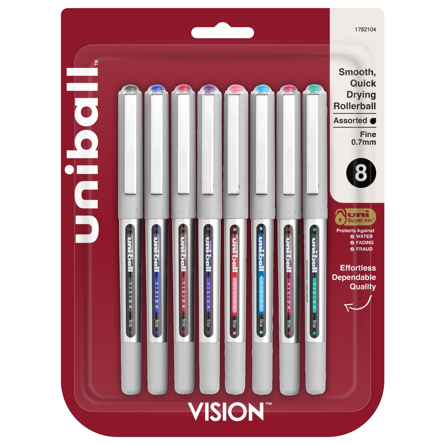 uniball™ Vision Rollerball Pens, Fine Point (0.7mm), Assorted Colors, 8 Pack