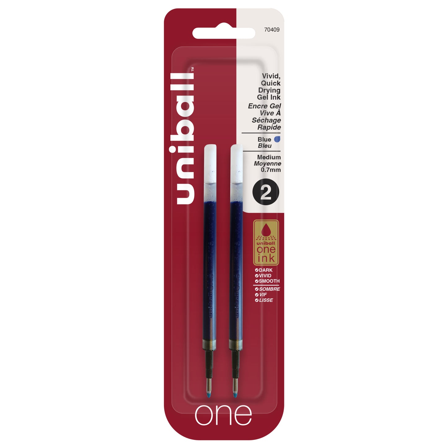 uniball™ one Retractable Gel Pen Refills, Medium Point (0.7mm), Blue, 2 Pack
