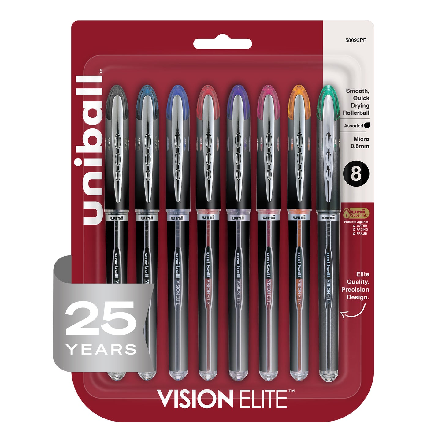 uniball™ Vision Elite Rollerball Pens, Micro Point (0.5mm), Assorted Colors, 8 Pack
