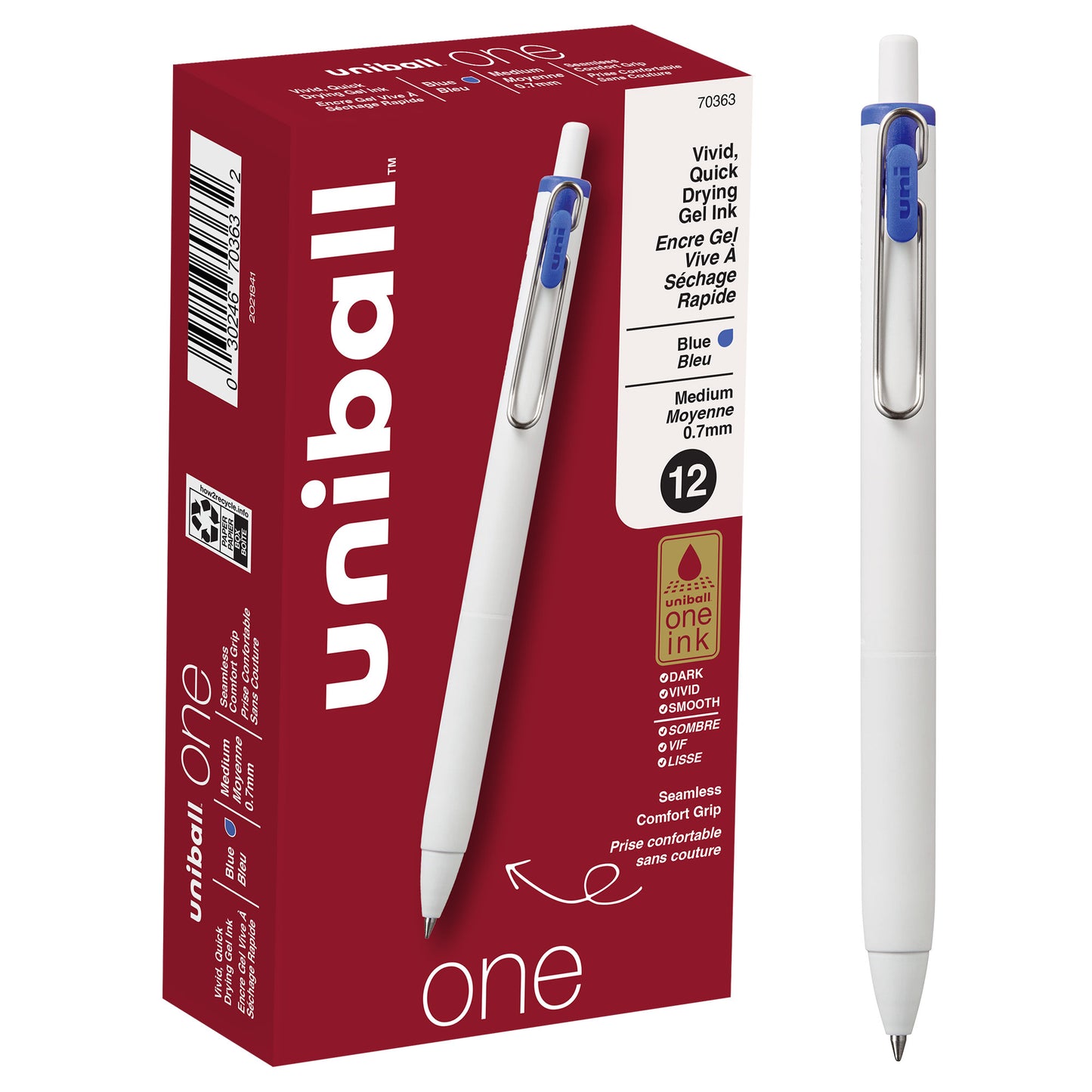 uniball™ one Retractable Gel Pens, Medium Point (0.7mm), Blue Ink, 12 Pack