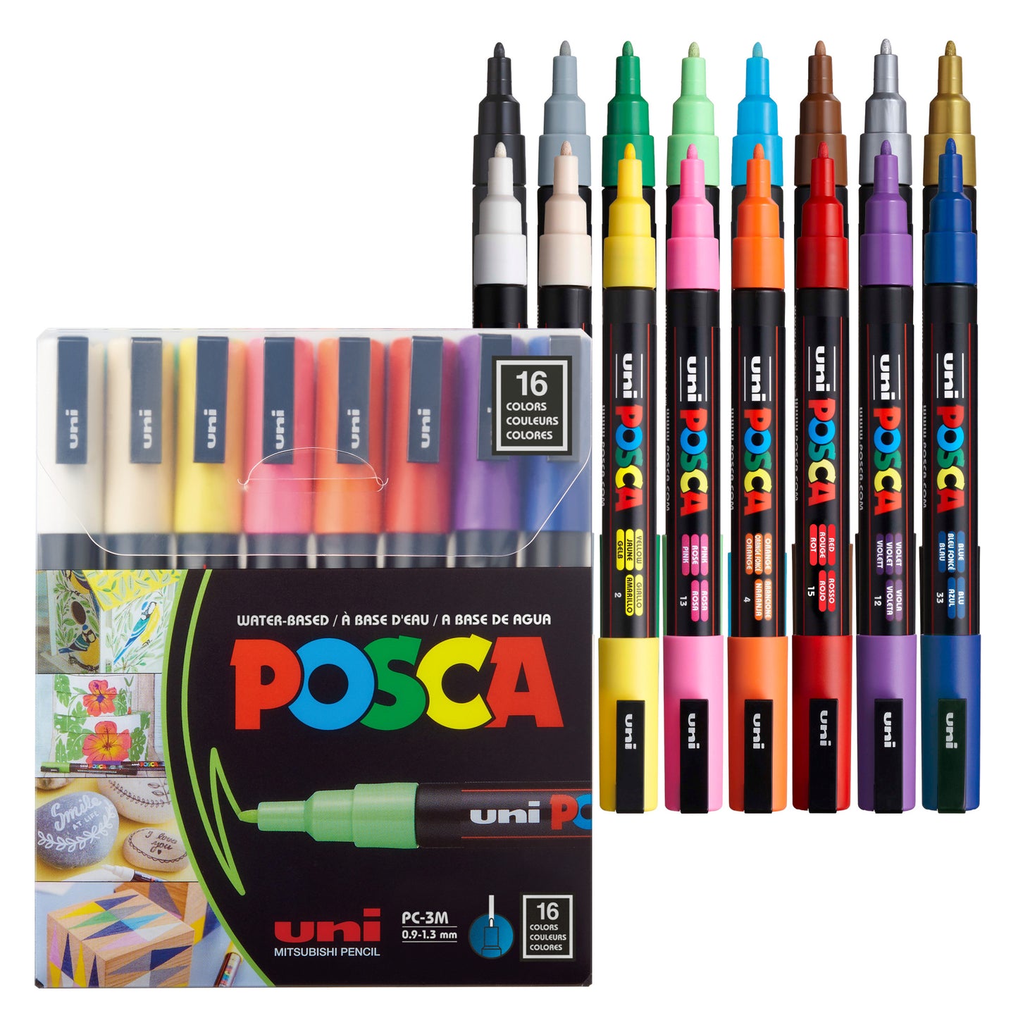 uni® POSCA PC-3M Water-Based Paint Markers, Reversible Fine Tip (0.9-1.3mm), Assorted Colors, 16 Pack