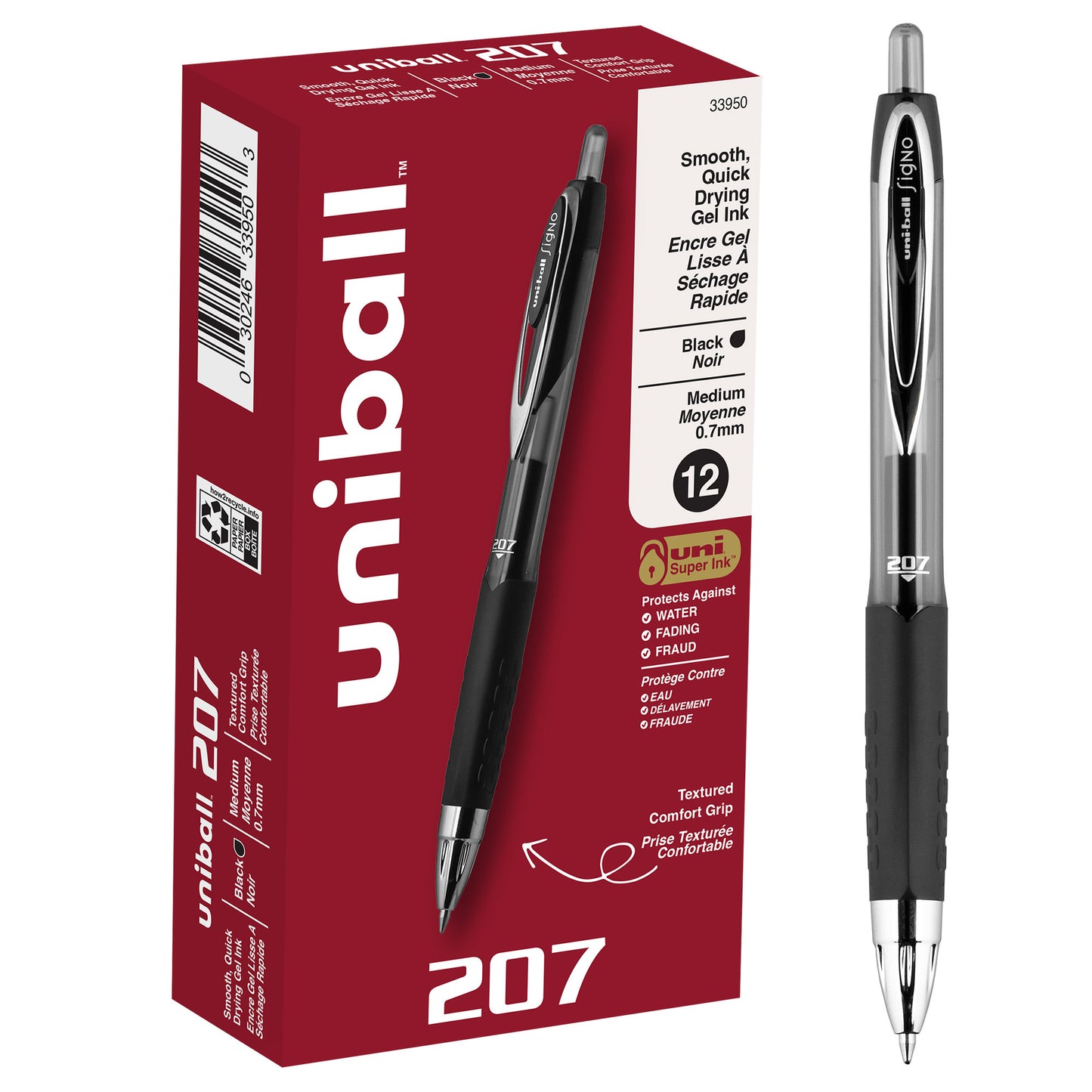 uniball™ 207 Retractable Gel Pens, Medium Point (0.7mm), Black, 12 Pack