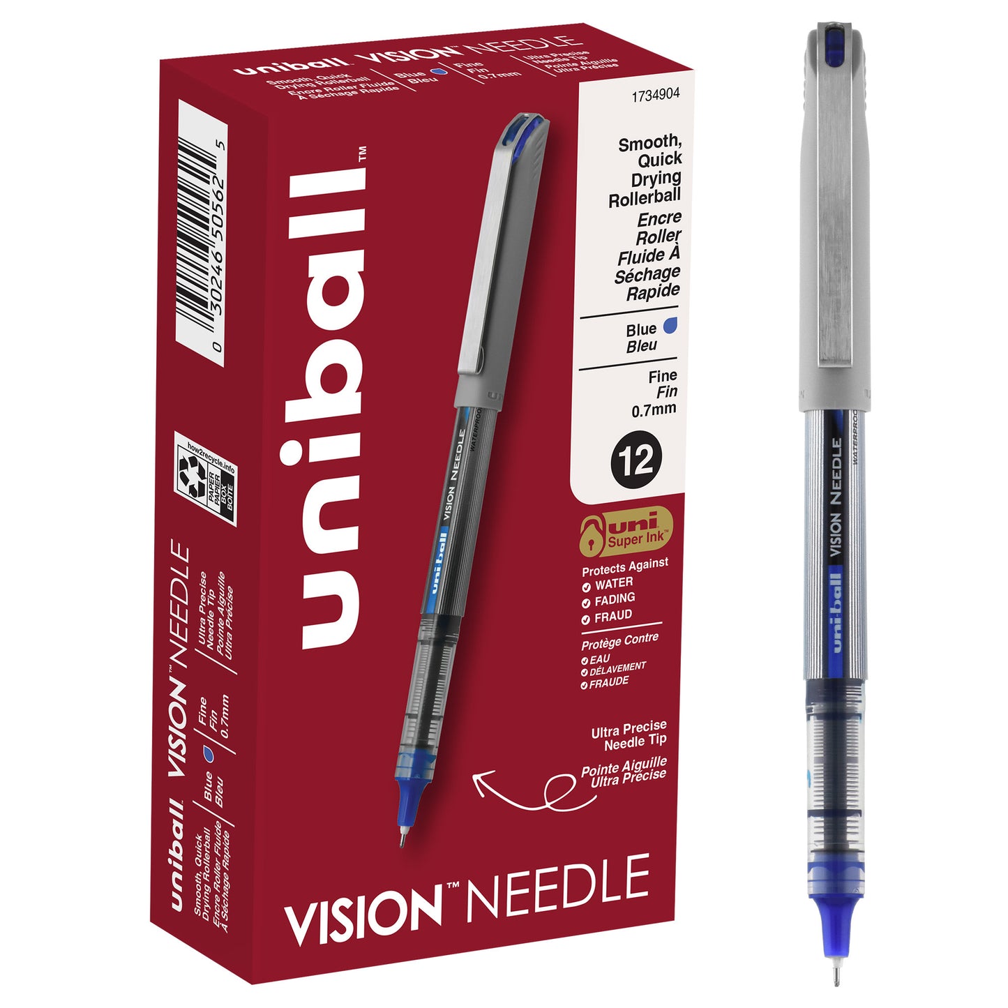 uniball™ Vision Needle Rollerball Pens, Fine Point (0.7mm), Blue, 12 Pack