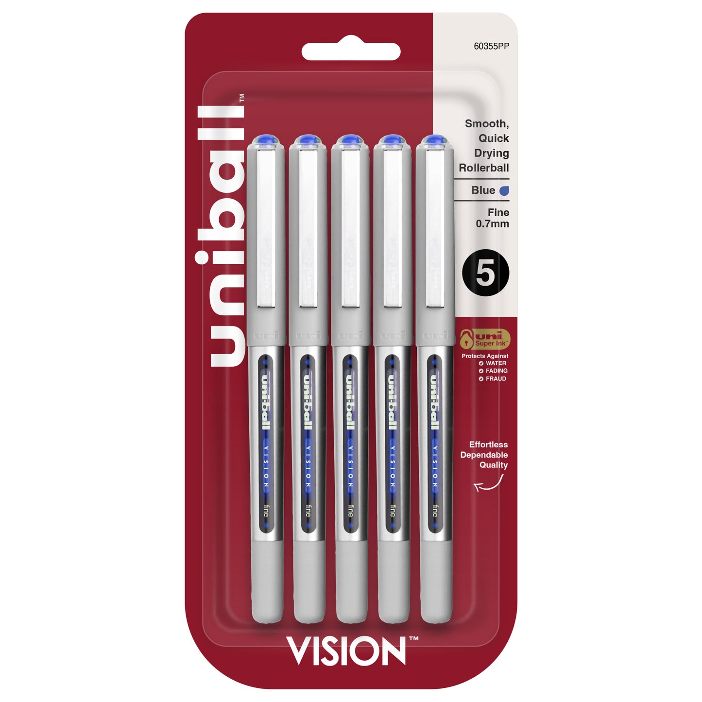 uniball™ Vision Rollerball Pens, Fine Point (0.7mm), Blue, 5 Pack