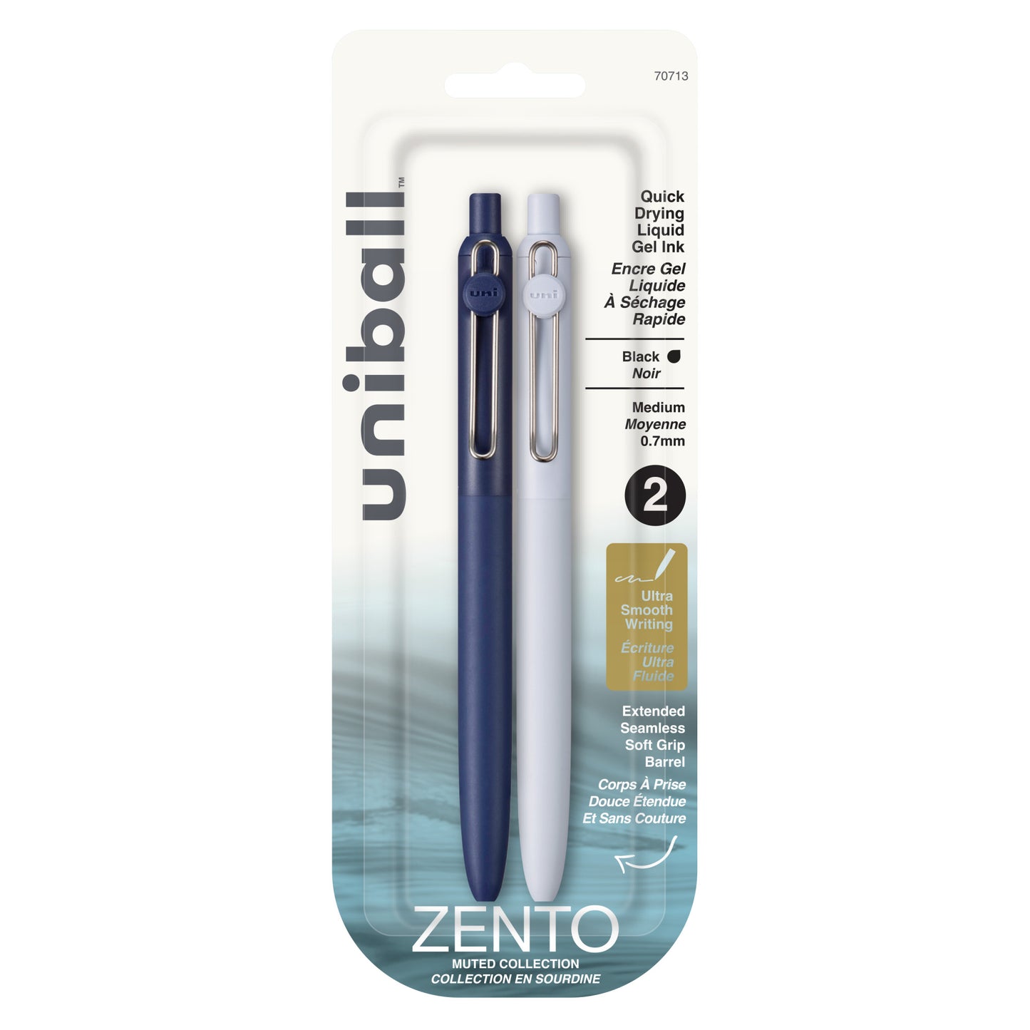uniball™ Zento Retractable Liquid Gel Pens, Medium Point (0.7mm), Muted, Black, 2 Pack