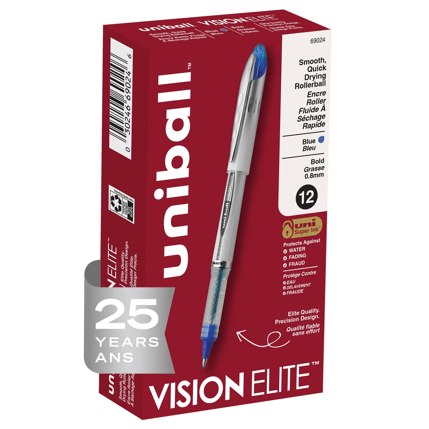 uniball™ Vision Elite Rollerball Pens, Bold Point (0.8mm), Blue, 12 Pack