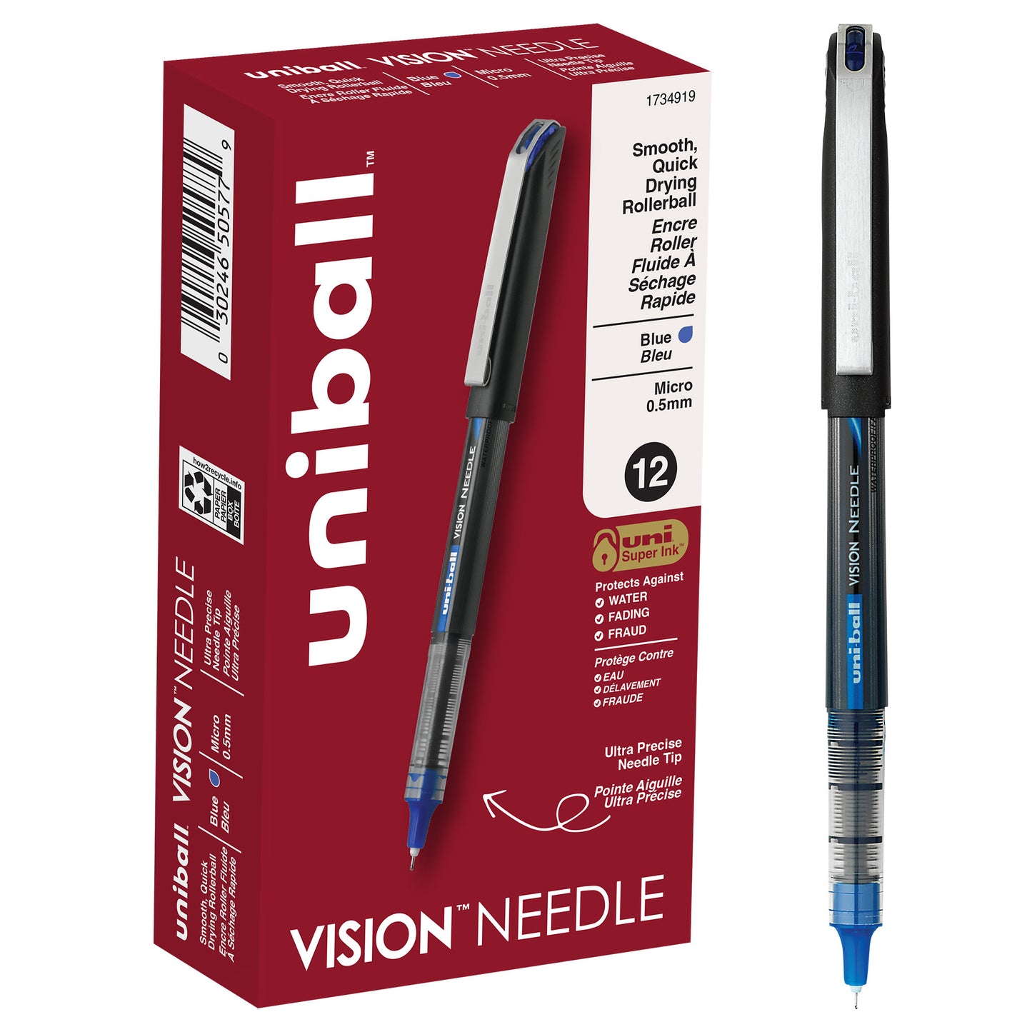 uniball™ Vision Needle Rollerball Pens, Micro Point (0.5mm), Blue, 12 Pack