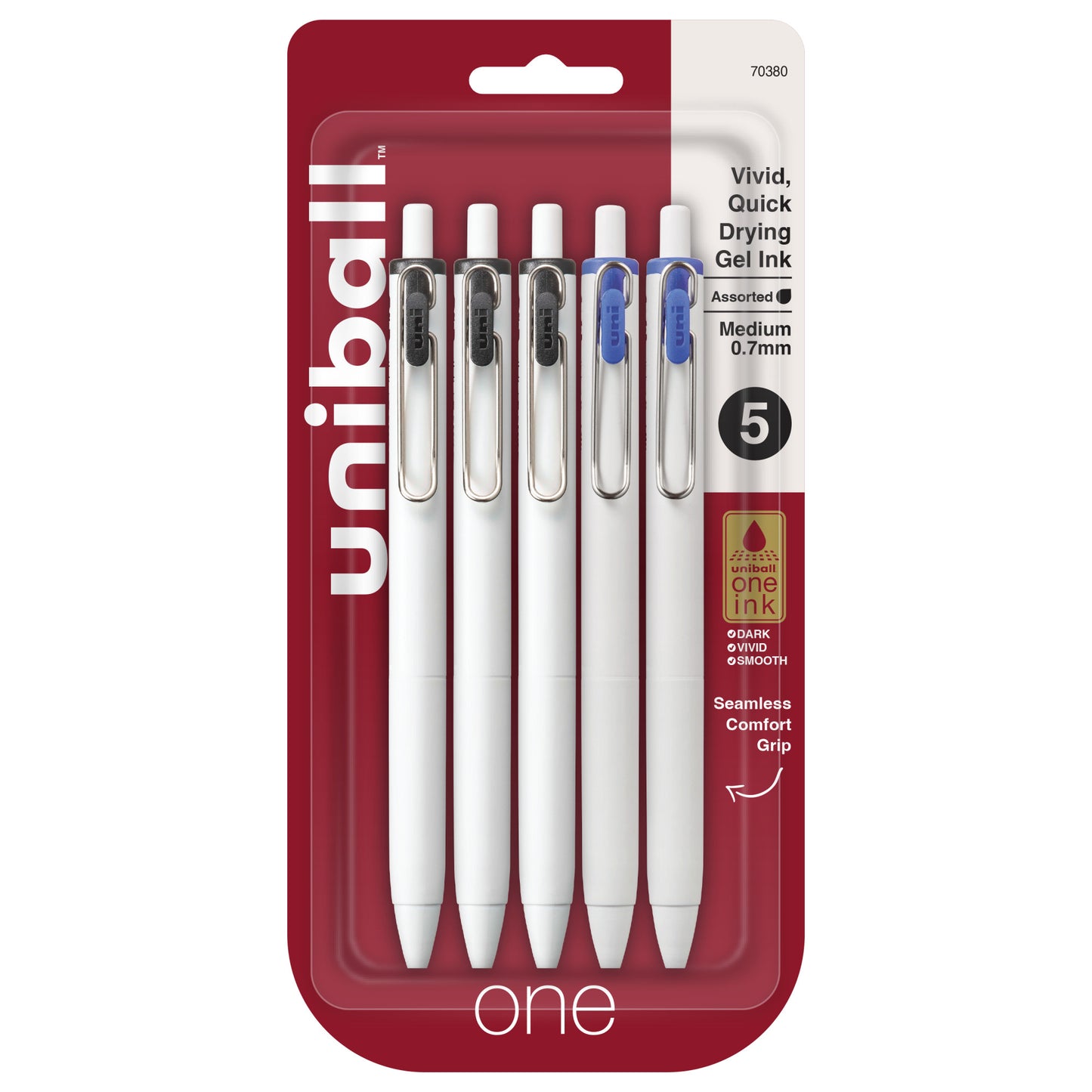 uniball™ one Retractable Gel Pens, Medium Point (0.7mm), Black and Blue Ink, 5 Pack